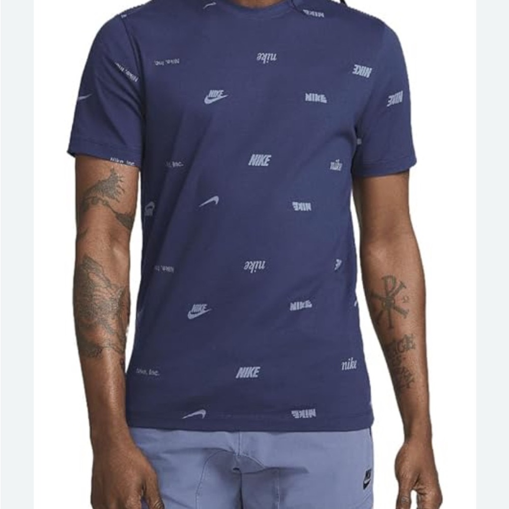 Nike Navy Tee with All Over Logo Pattern- S
